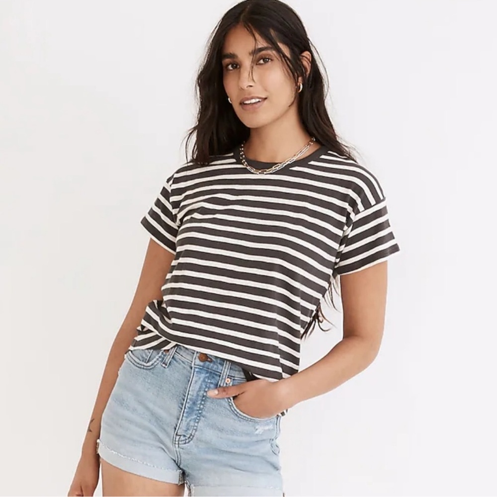 Madewell Whisper Cotton Rib-Crewneck Tee in Hader Stripe Size M New